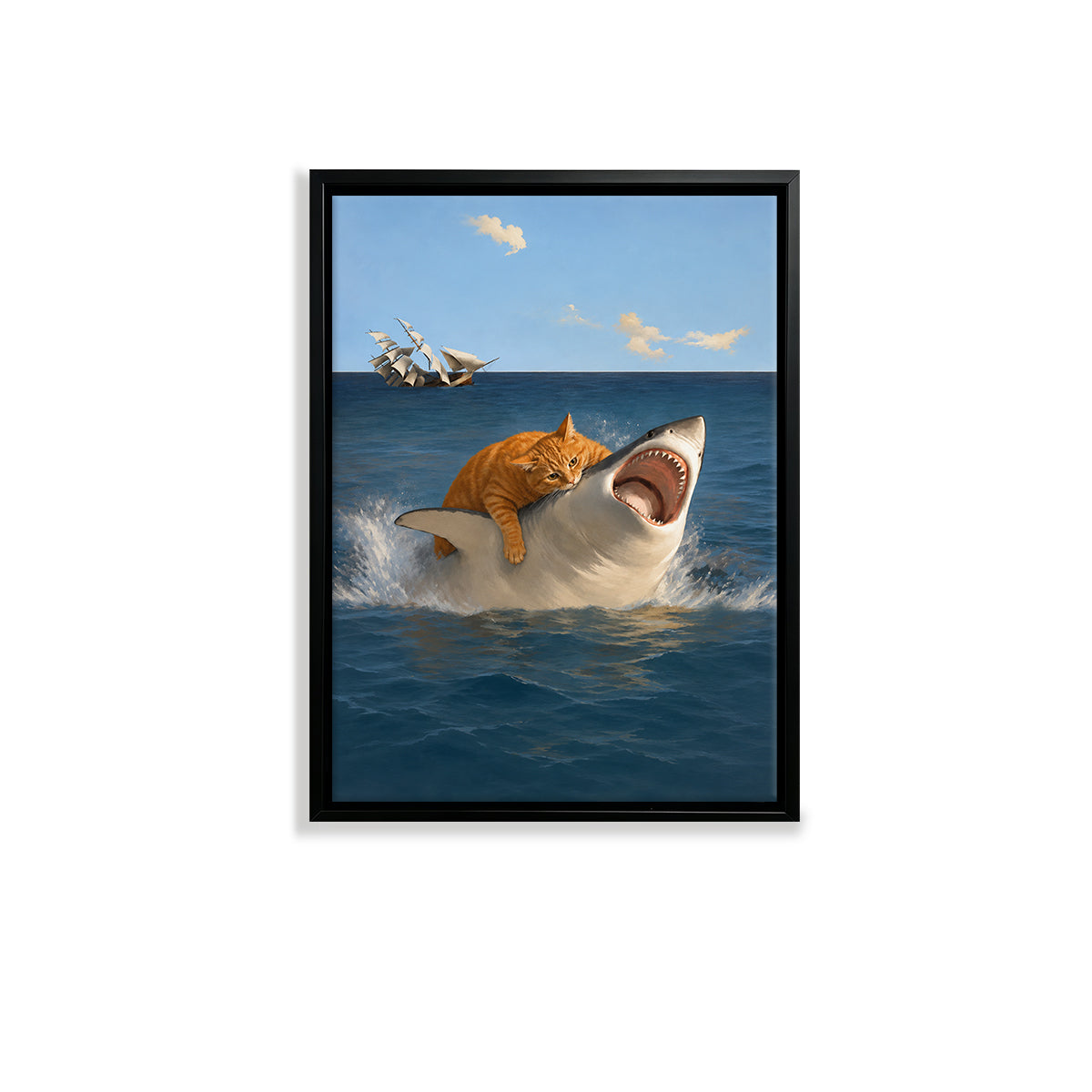 Framed Ocean Art Print Featuring a Cat Riding a Shark, Surreal Nautical Decor for Home or Office