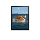 Framed Ocean Art Print Featuring a Cat Riding a Shark, Surreal Nautical Decor for Home or Office