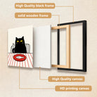 Framed Cat Dining Poster with Fish Illustration, Modern Art Print for Home Decor