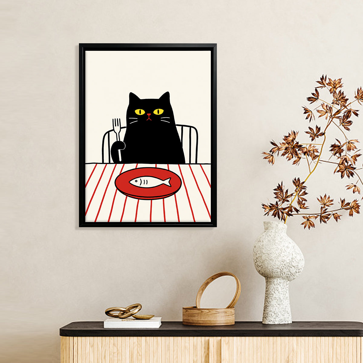 Framed Cat Dining Poster with Fish Illustration, Modern Art Print for Home Decor