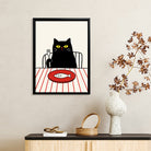 Framed Cat Dining Poster with Fish Illustration, Modern Art Print for Home Decor
