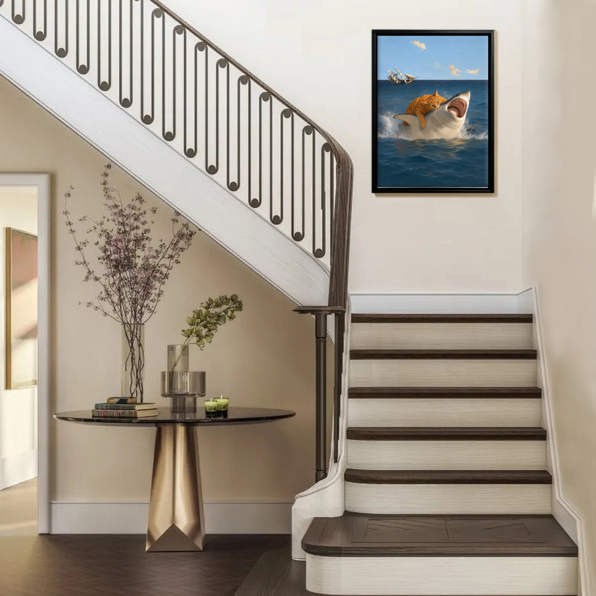 Framed Ocean Art Print Featuring a Cat Riding a Shark, Surreal Nautical Decor for Home or Office