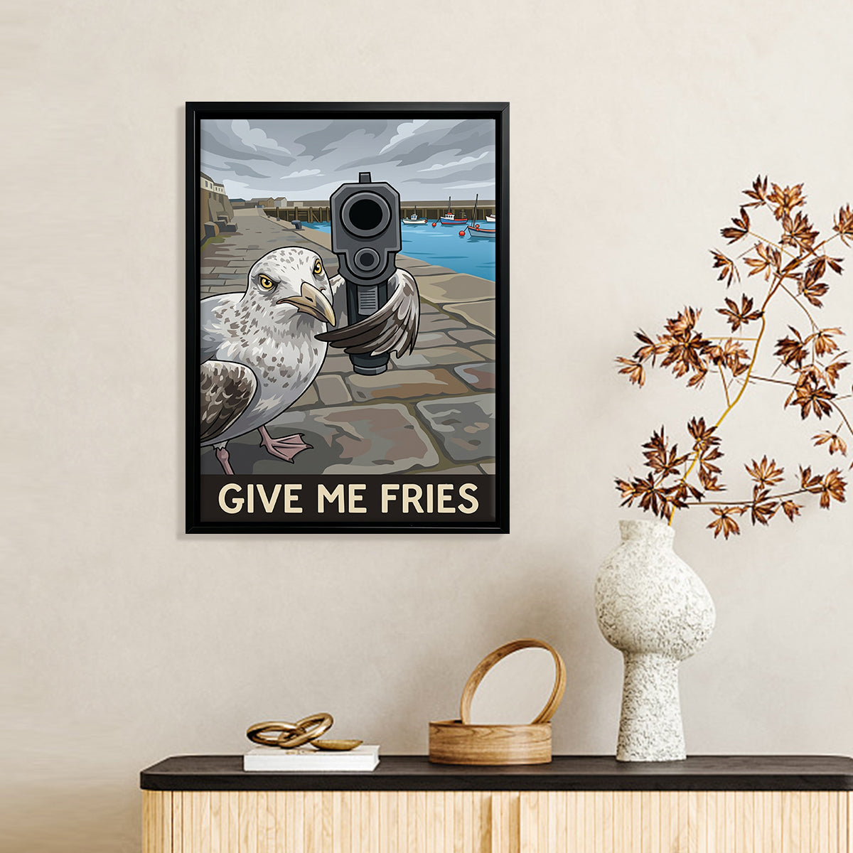 Framed Seagull with Gun Art Print, Humorous Coastal Decor, High-Quality Matte Finish, Perfect for Home or Office in Any State