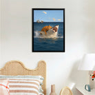 Framed Ocean Art Print Featuring a Cat Riding a Shark, Surreal Nautical Decor for Home or Office