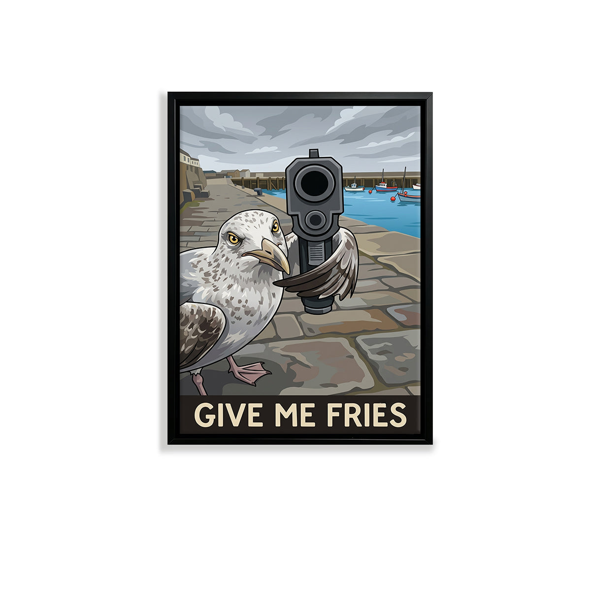 Framed Seagull with Gun Art Print, Humorous Coastal Decor, High-Quality Matte Finish, Perfect for Home or Office in Any State