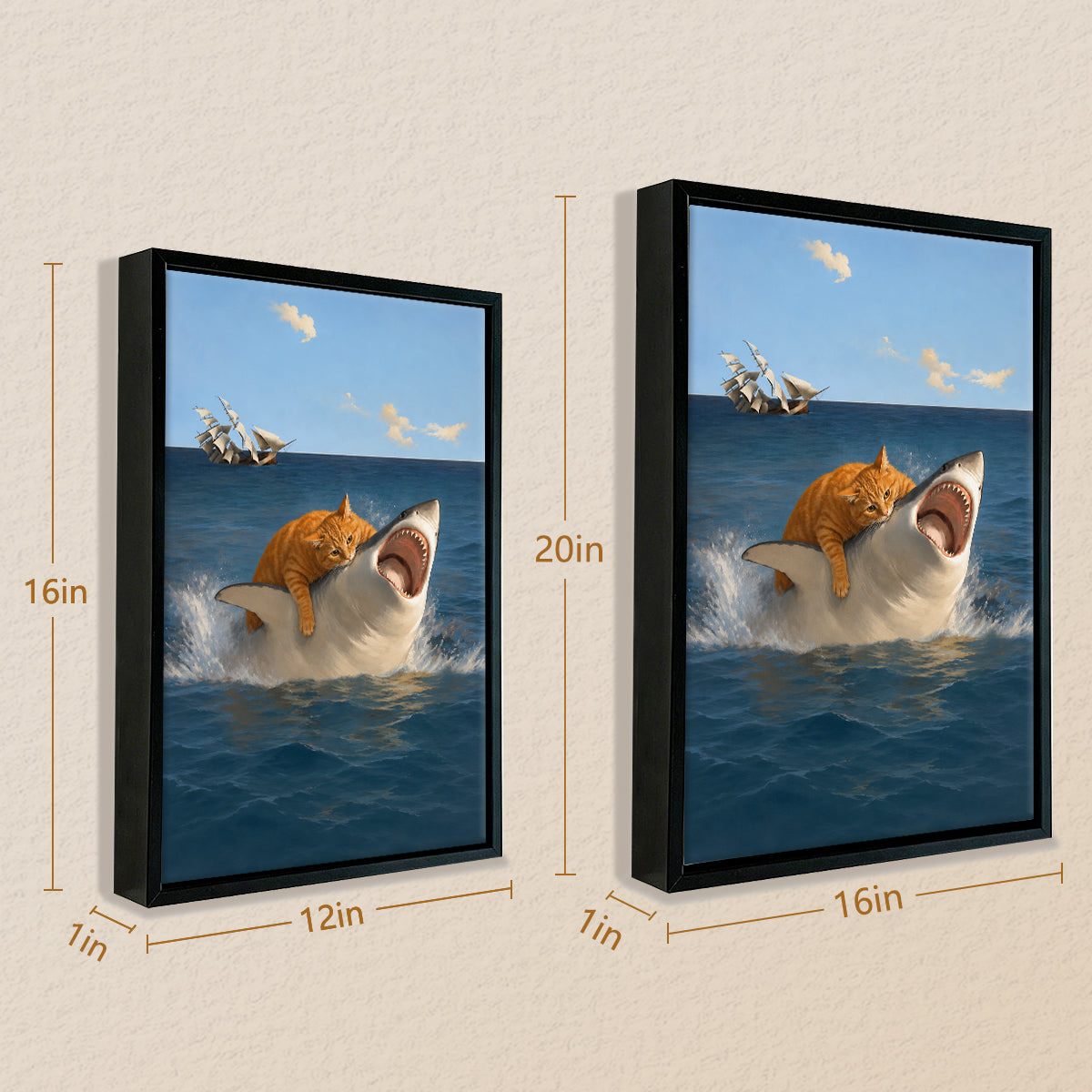 Framed Ocean Art Print Featuring a Cat Riding a Shark, Surreal Nautical Decor for Home or Office