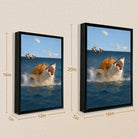 Framed Ocean Art Print Featuring a Cat Riding a Shark, Surreal Nautical Decor for Home or Office