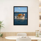 Framed Ocean Art Print Featuring a Cat Riding a Shark, Surreal Nautical Decor for Home or Office