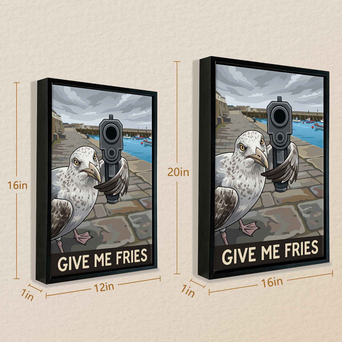 Framed Seagull with Gun Art Print, Humorous Coastal Decor, High-Quality Matte Finish, Perfect for Home or Office in Any State
