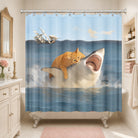 Shark Cat Shower Curtain Waterproof Fabric Bathroom Decor California