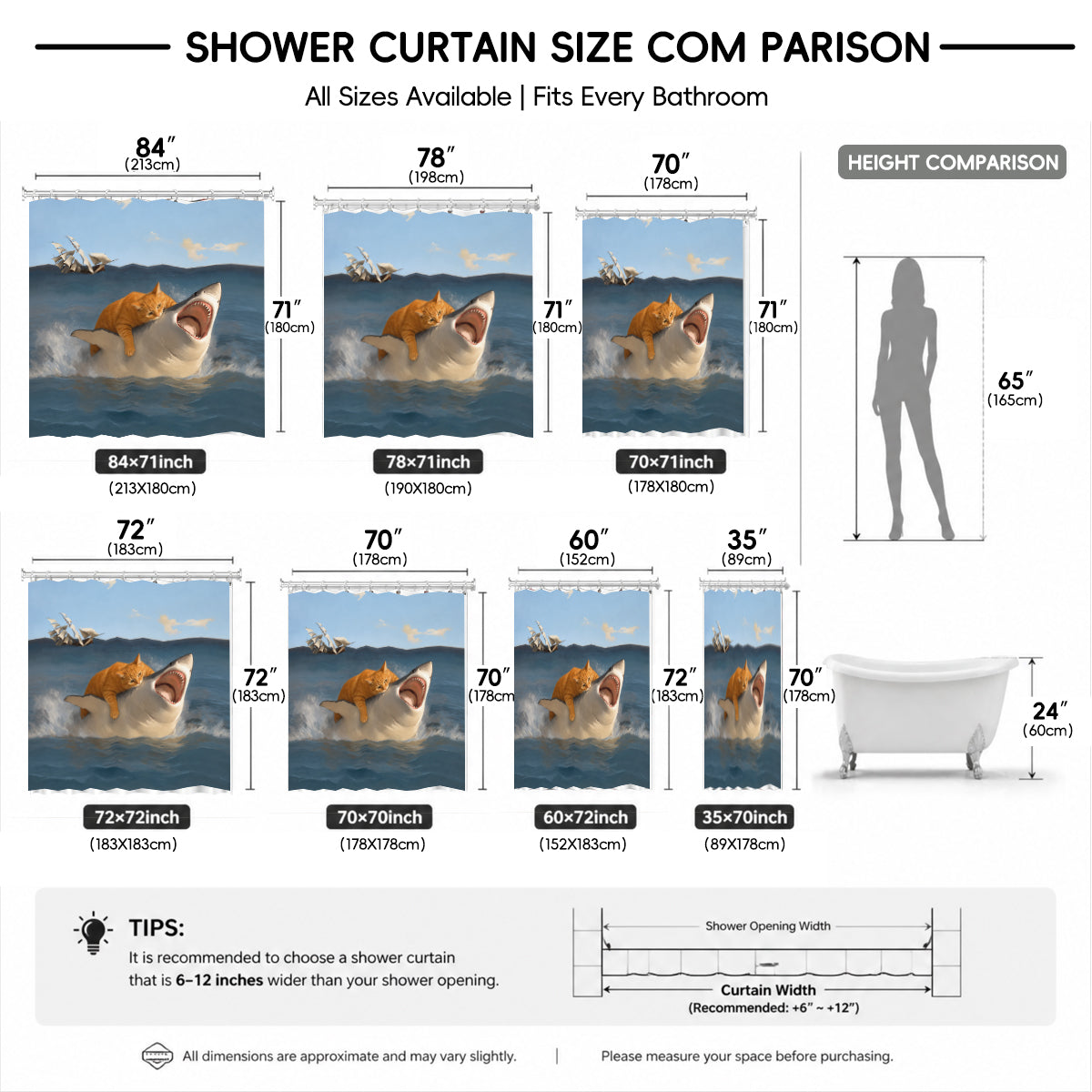 Shark Cat Shower Curtain Waterproof Fabric Bathroom Decor California