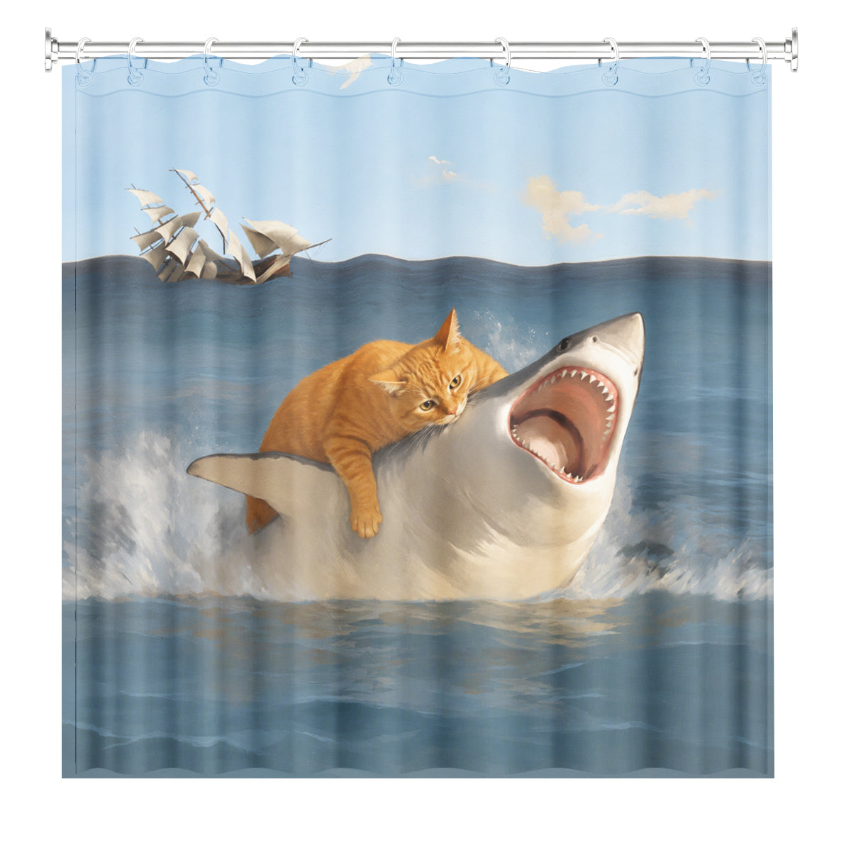 Shark Cat Shower Curtain Waterproof Fabric Bathroom Decor California