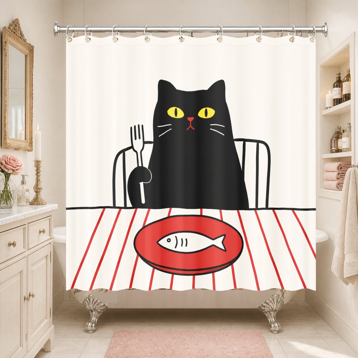 Cute Black Cat with Fish Shower Curtain - Waterproof Fabric for Bathroom Decor