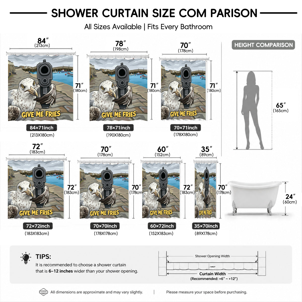 Funny Seagull with Gun Shower Curtain Waterproof Bathroom Decor, Give Me Fries Design
