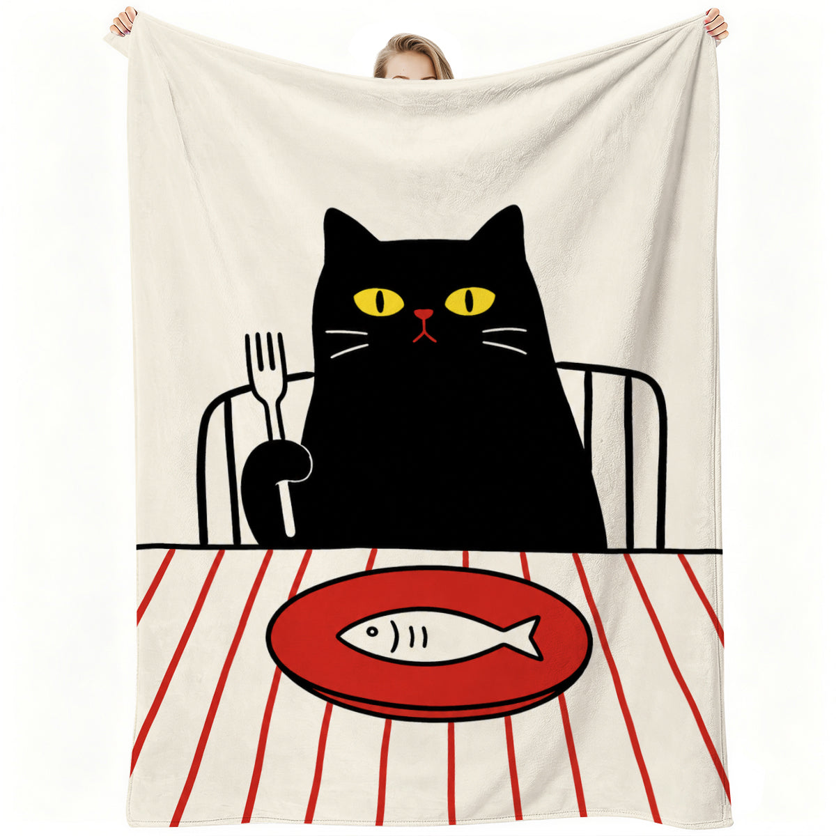 Cozy Fleece Blanket with Whimsical Black Cat Dining Pattern, Soft & Warm for Home or Gift