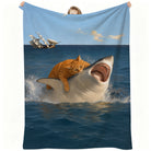 Whimsical Cat Riding Shark Fleece Blanket - Soft & Cozy for Home or Travel