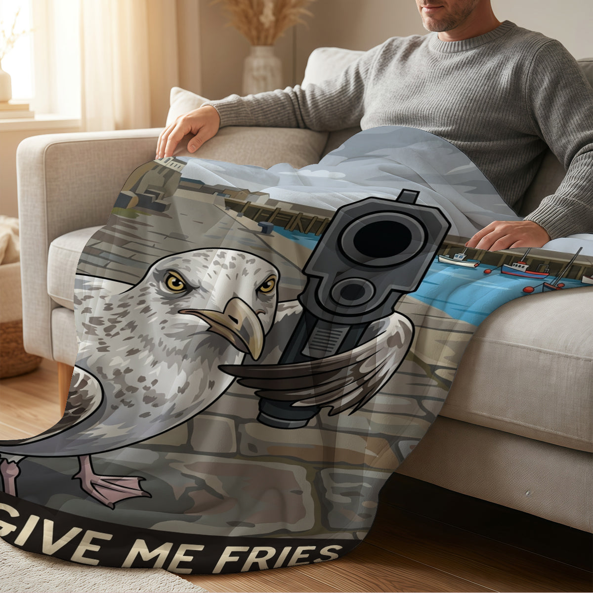 Funny Seagull Pattern Fleece Blanket, Soft Warm Material, Perfect for Home Cozy Moments in Any State