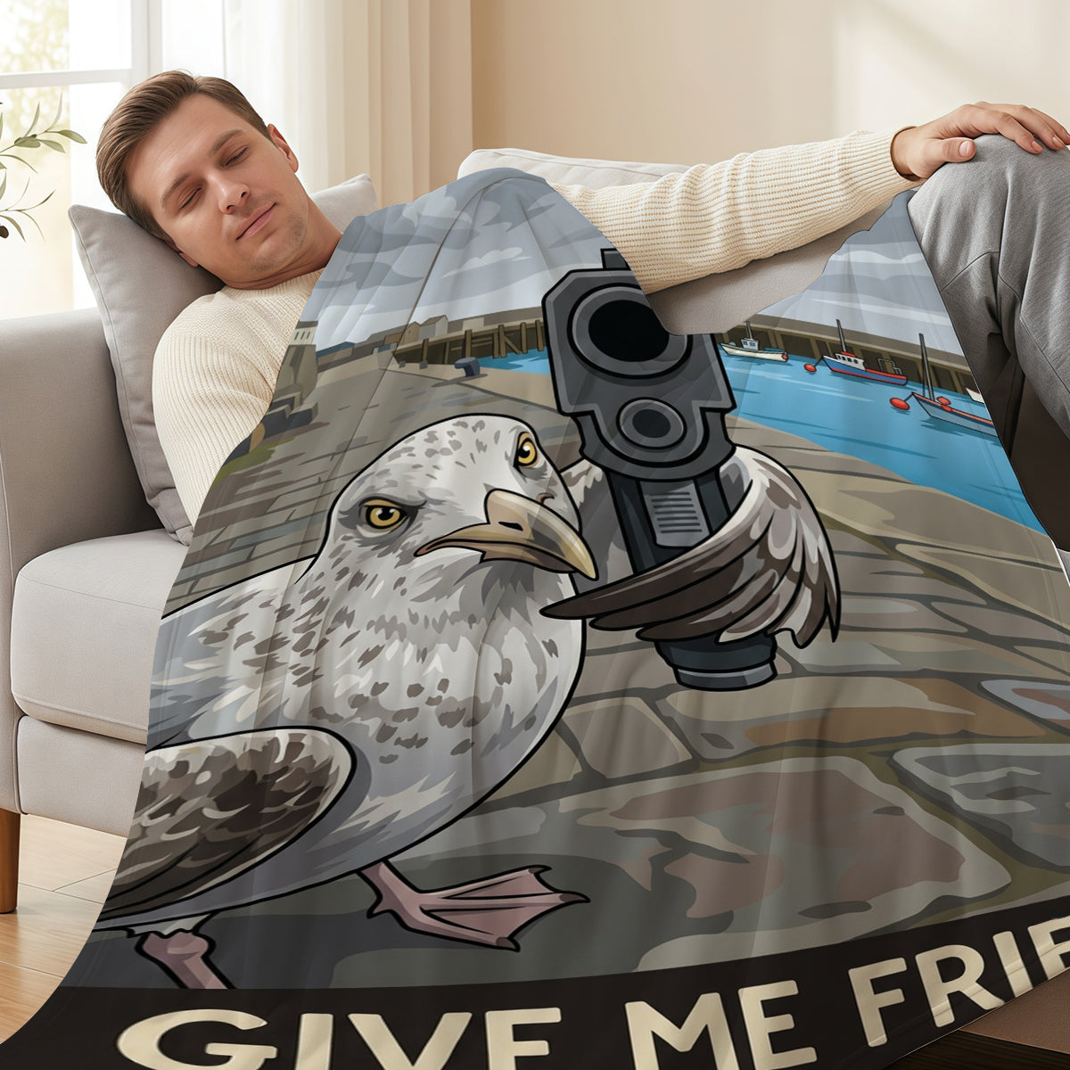 Funny Seagull Pattern Fleece Blanket, Soft Warm Material, Perfect for Home Cozy Moments in Any State