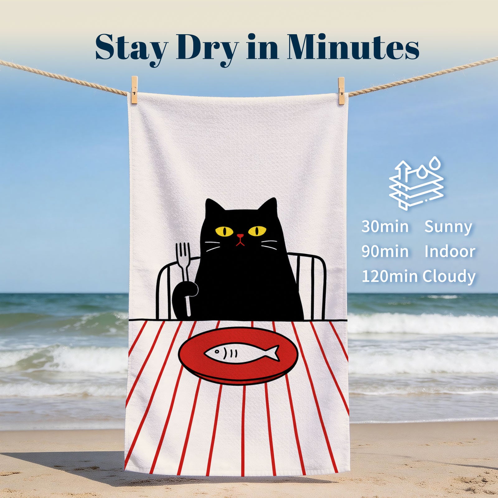Beach Towel with Cat and Fish Design, Microfiber Material, Perfect for Summer Days in California