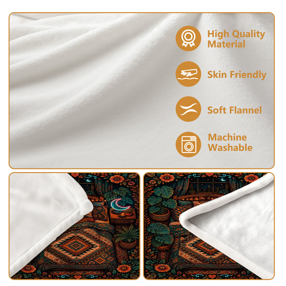 Cozy Bedtime Fleece Blanket with Bohemian Floral and Moon Design, Soft & Warm for Home or Gift（副本）