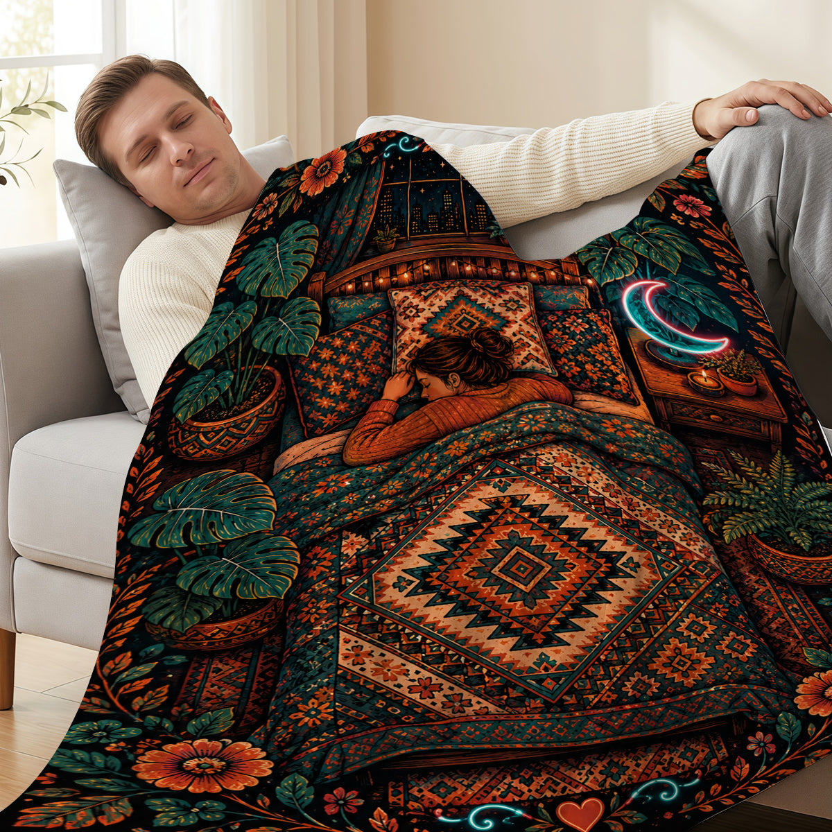 Cozy Bedtime Fleece Blanket with Bohemian Floral and Moon Design, Soft & Warm for Home or Gift（副本）