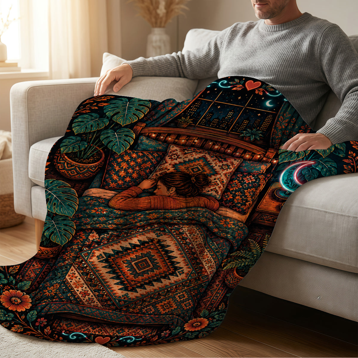 Cozy Bedtime Fleece Blanket with Bohemian Floral and Moon Design, Soft & Warm for Home or Gift（副本）