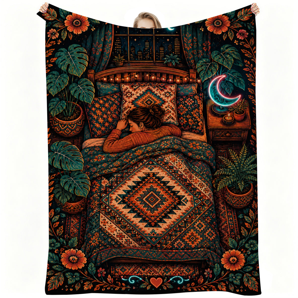 Cozy Bedtime Fleece Blanket with Bohemian Floral and Moon Design, Soft & Warm for Home or Gift（副本）