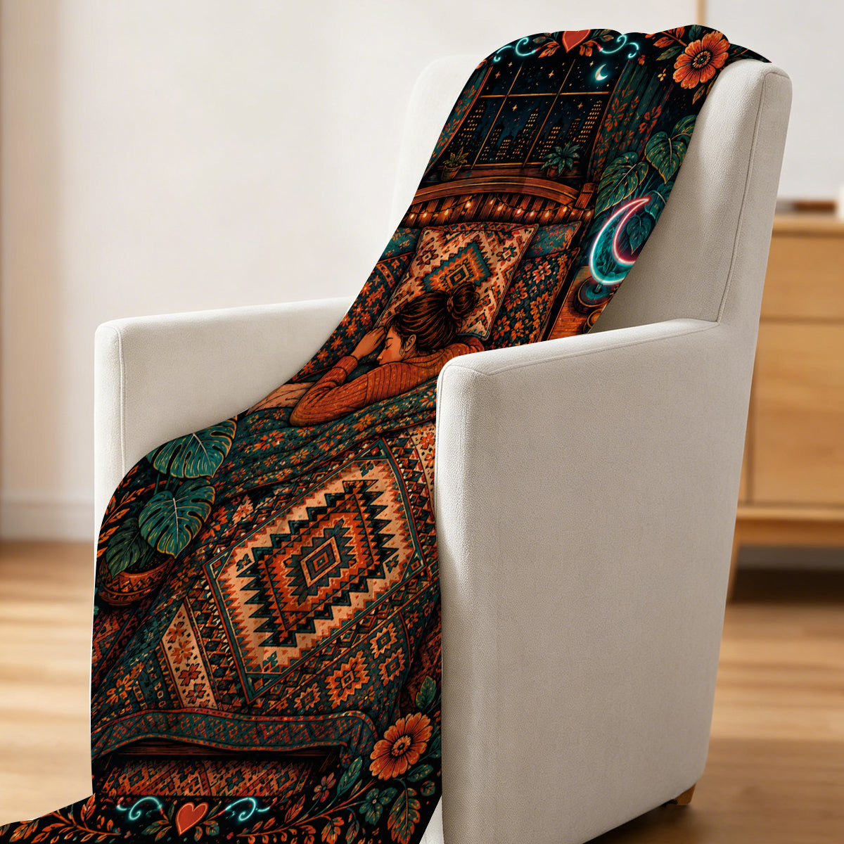 Cozy Bedtime Fleece Blanket with Bohemian Floral and Moon Design, Soft & Warm for Home or Gift（副本）