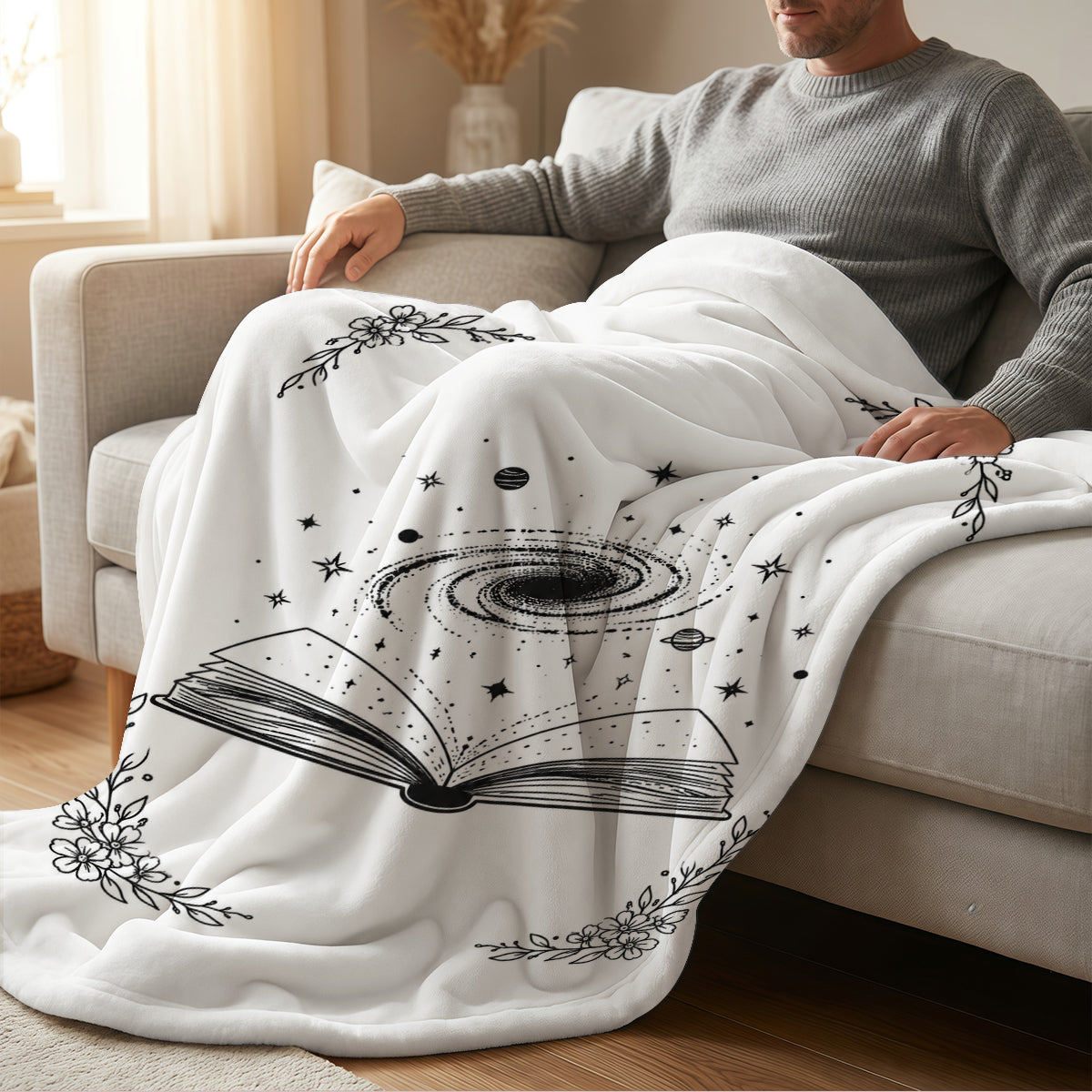 Cosmic Galaxy Book Print Fleece Blanket, Soft Warm Cozy Throw for Home Living Room or Gift