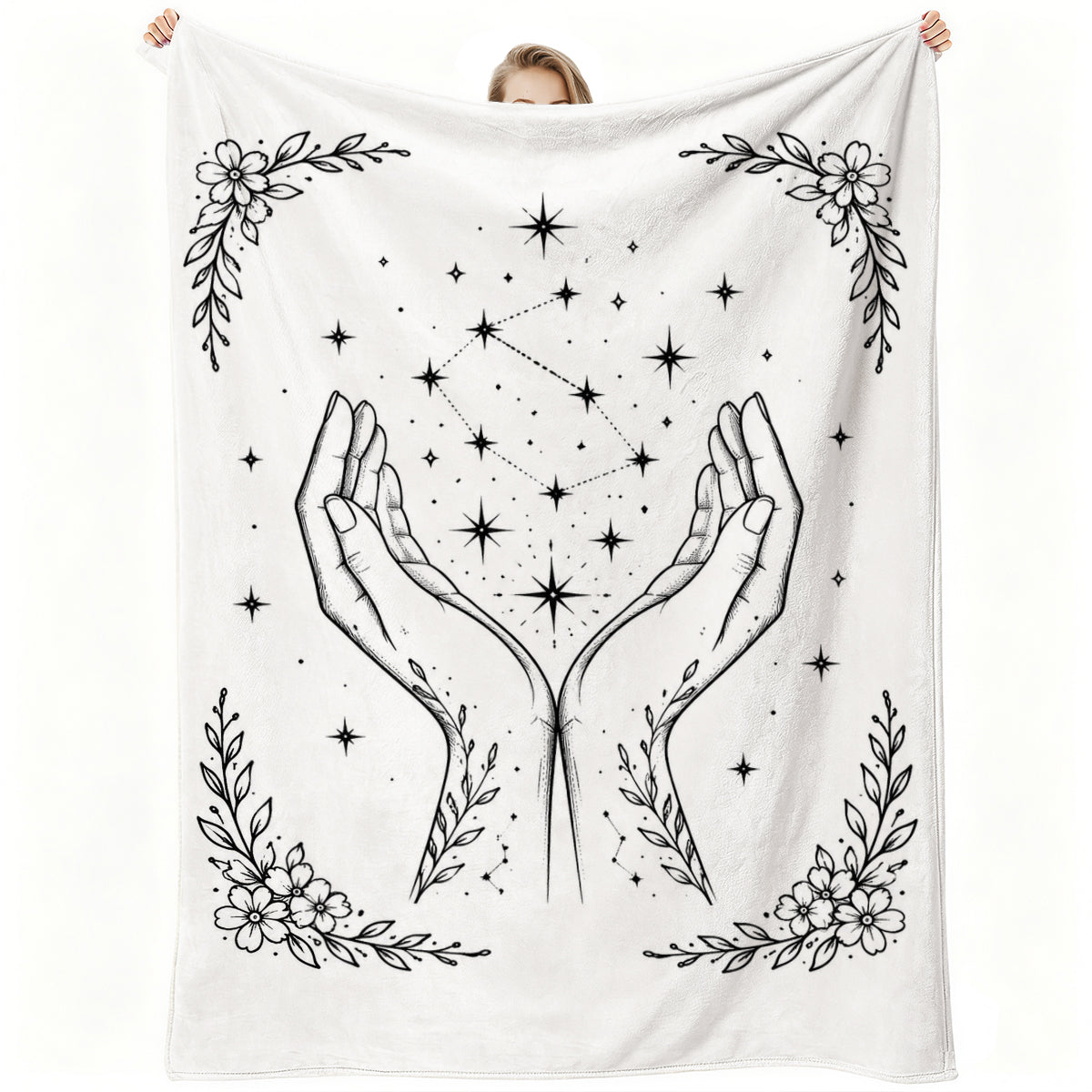 Cosmic Hands Starry Night Blanket with Floral Accents, Soft Fleece for Cozy Home or Gift