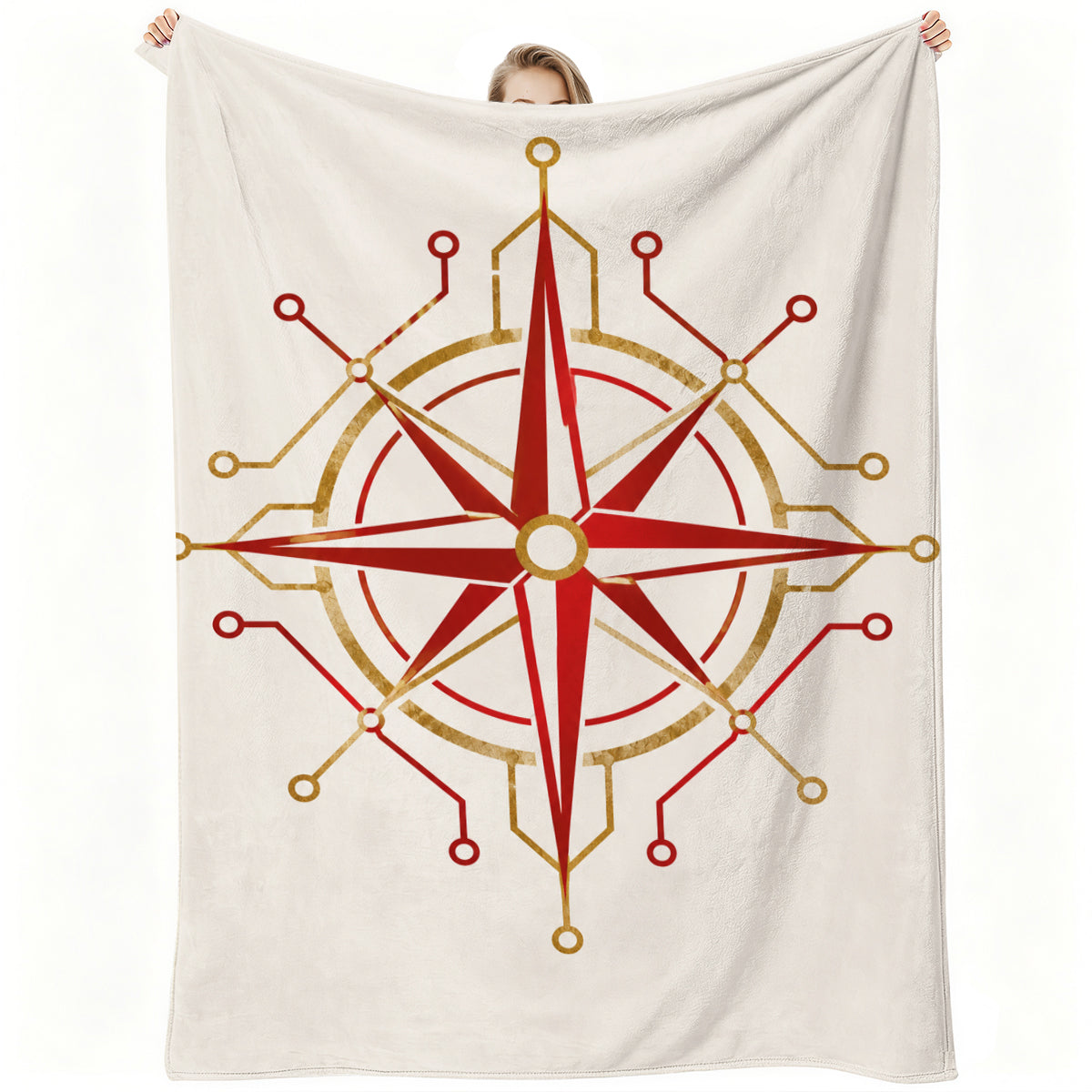 Compass Rose Fleece Blanket - Elegant Red & Gold Design, Soft & Cozy for Home or Gift