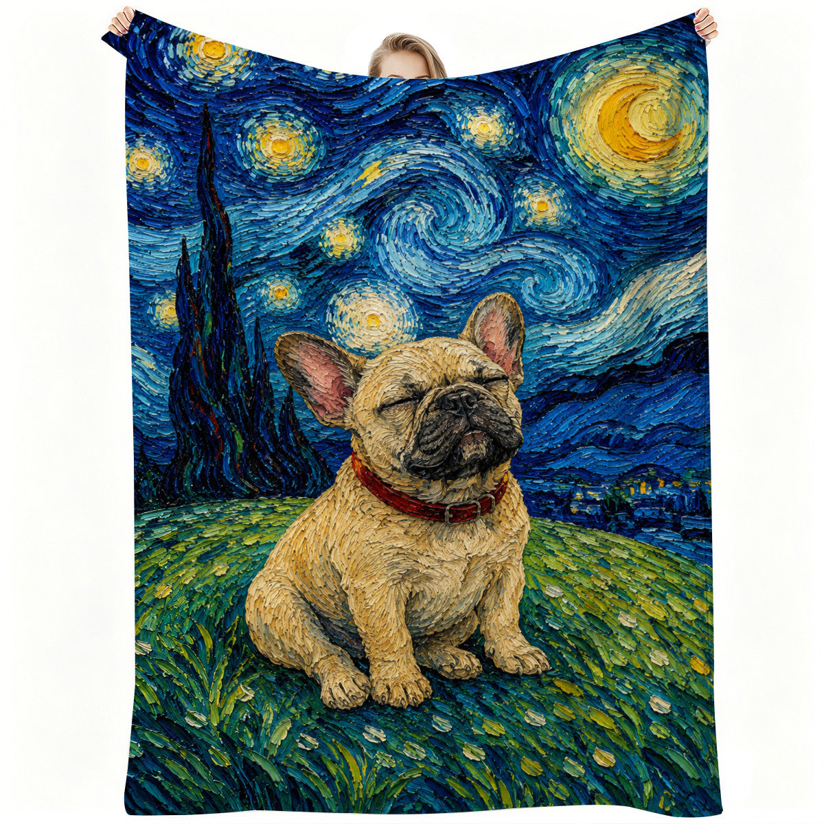 Frenchie Starry Night Blanket Artistic Oil Painting Style Soft Cozy Gift