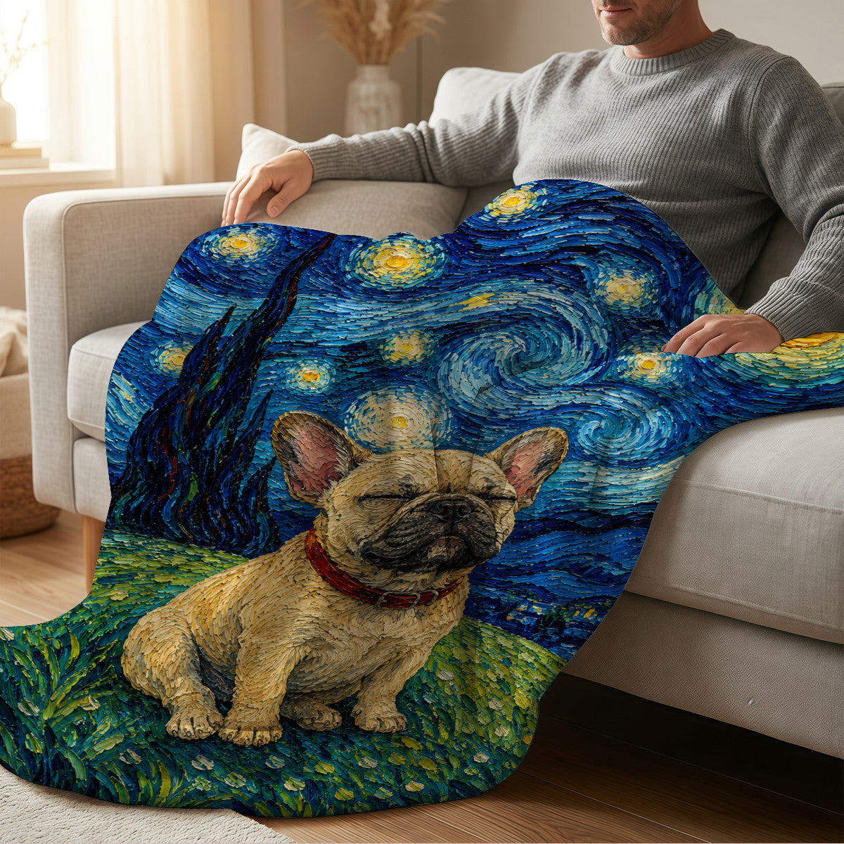 Frenchie Starry Night Blanket Artistic Oil Painting Style Soft Cozy Gift