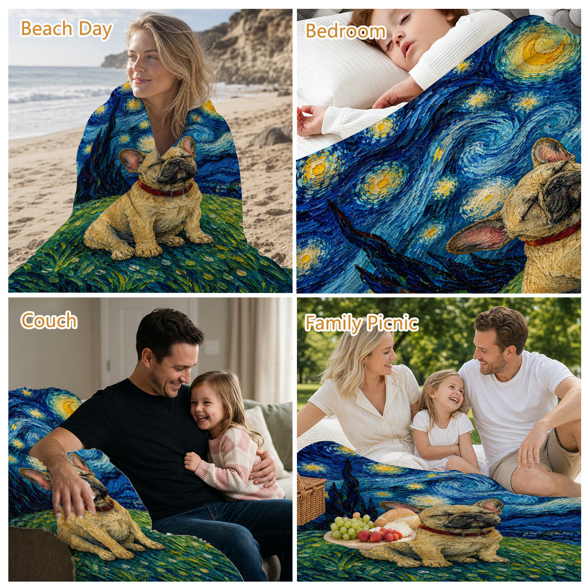 Frenchie Starry Night Blanket Artistic Oil Painting Style Soft Cozy Gift