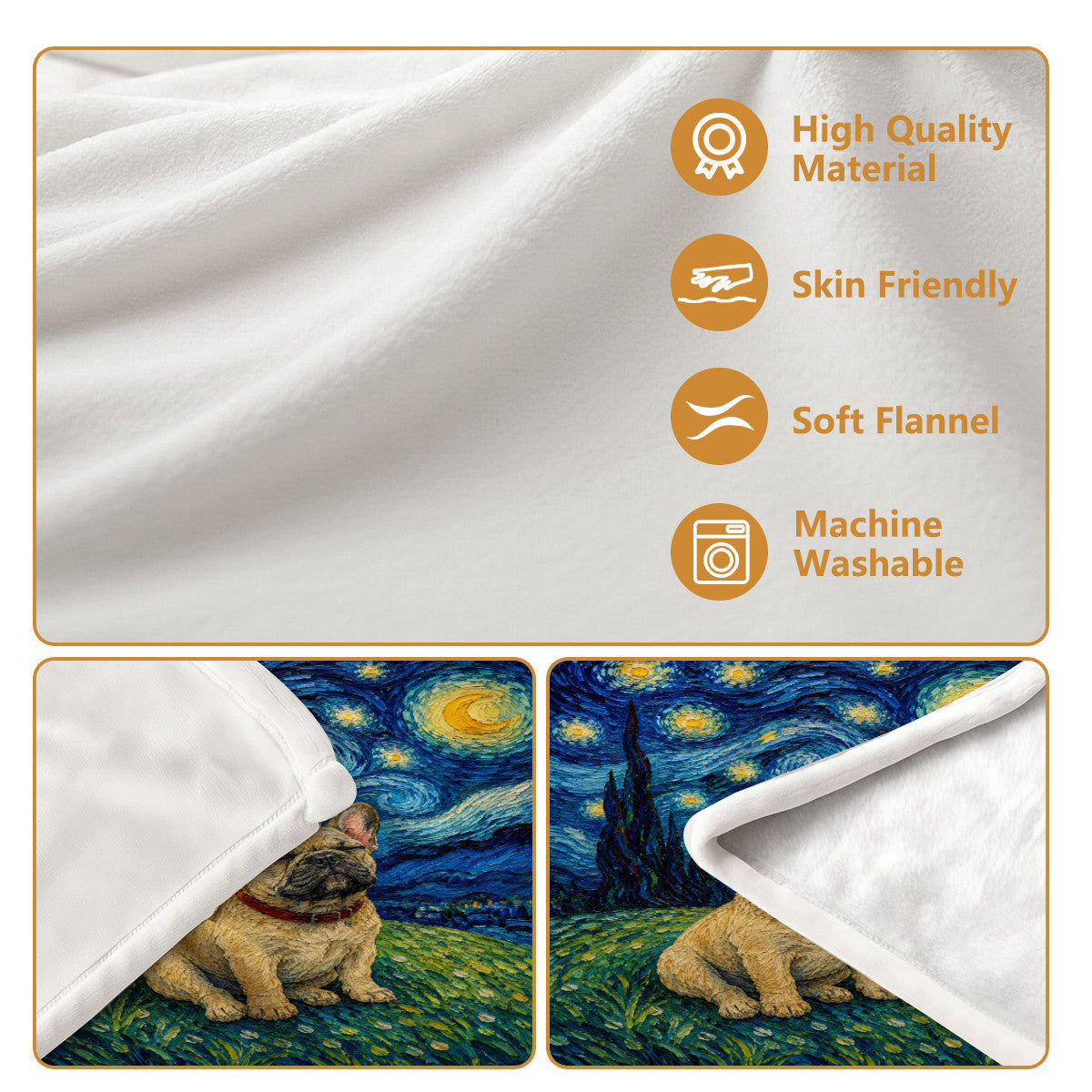 Frenchie Starry Night Blanket Artistic Oil Painting Style Soft Cozy Gift