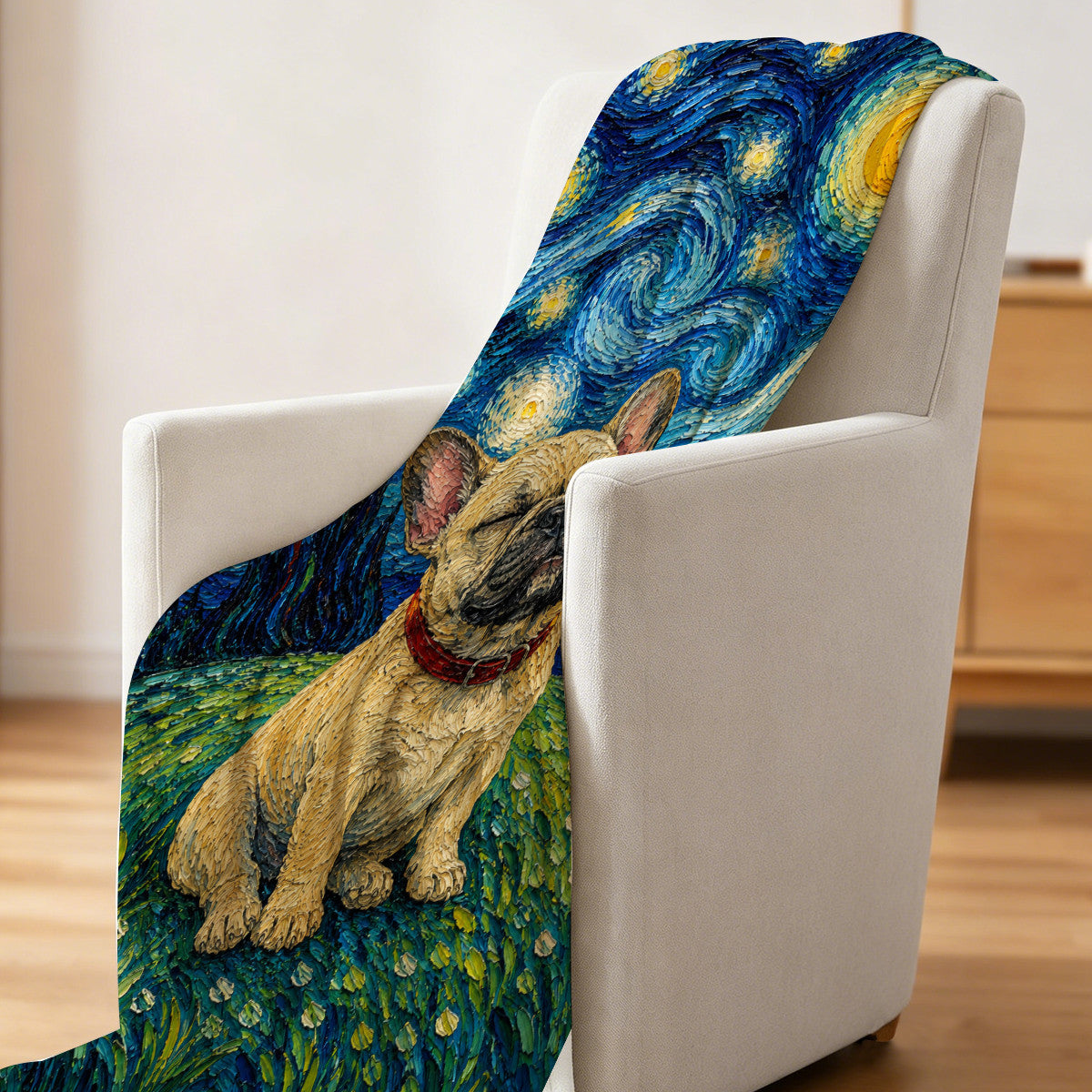 Frenchie Starry Night Blanket Artistic Oil Painting Style Soft Cozy Gift