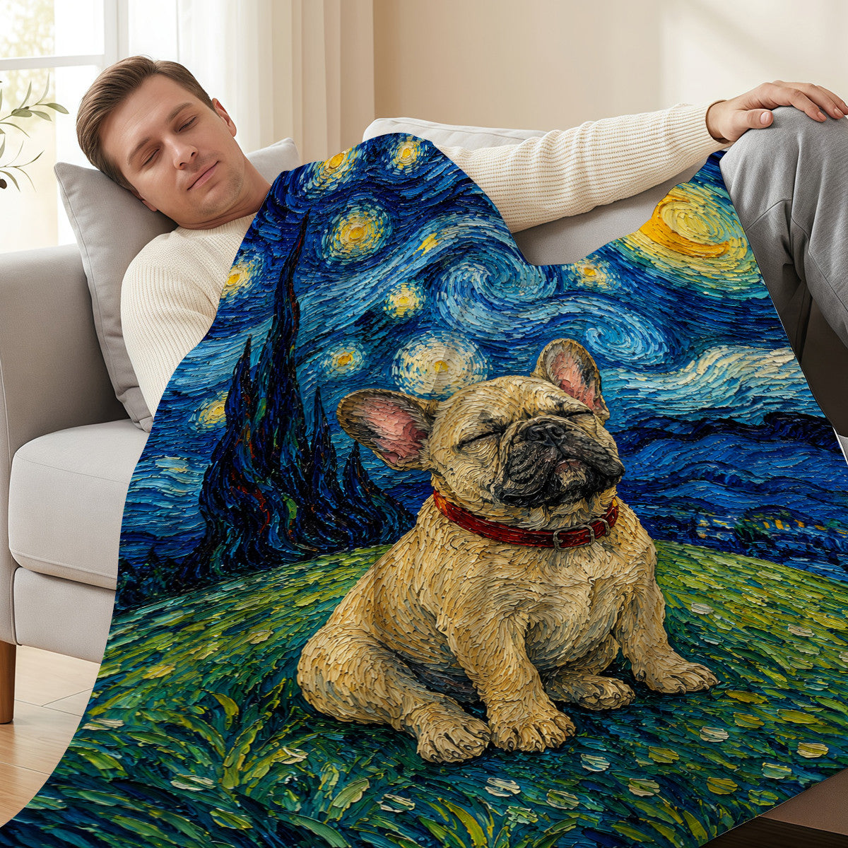 Frenchie Starry Night Blanket Artistic Oil Painting Style Soft Cozy Gift