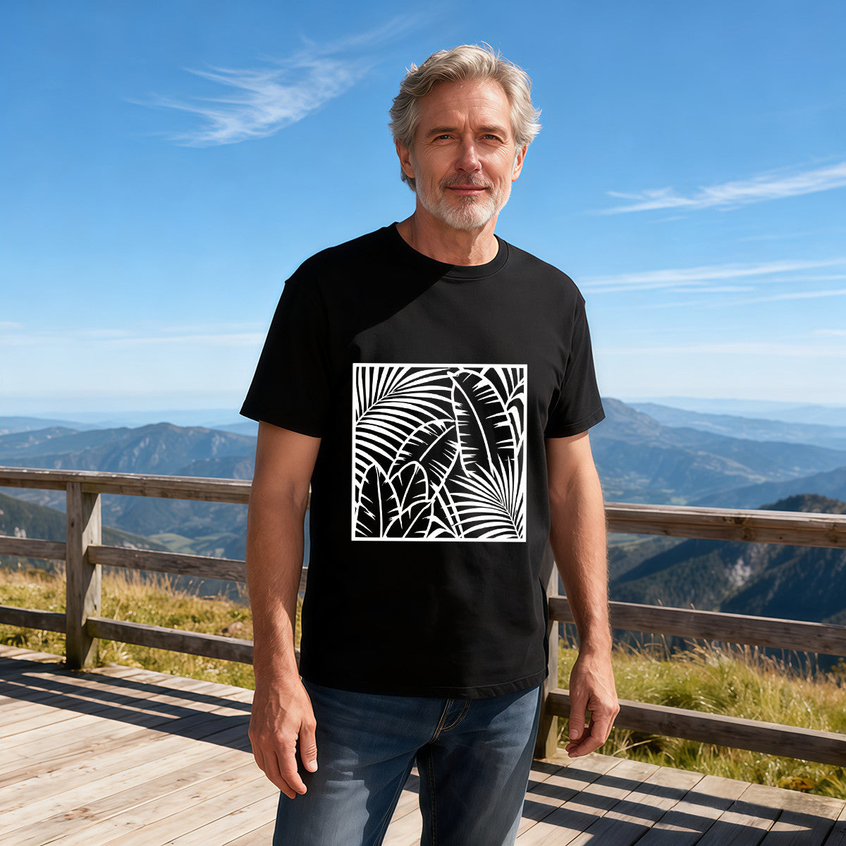 Men's Black Tropical Palm Leaf Graphic T-Shirt, Soft Cotton, Casual Summer Wear or Gift