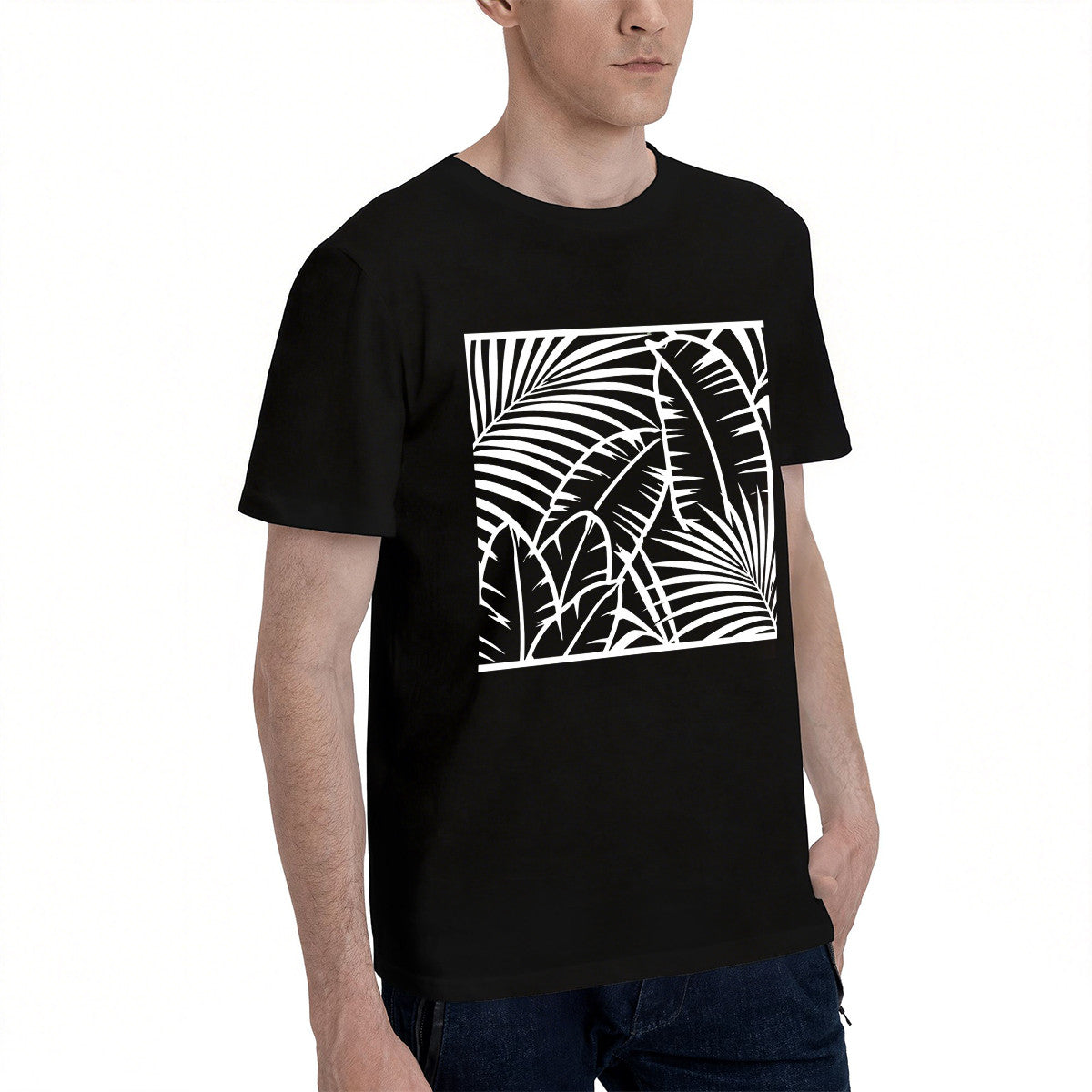 Men's Black Tropical Palm Leaf Graphic T-Shirt, Soft Cotton, Casual Summer Wear or Gift