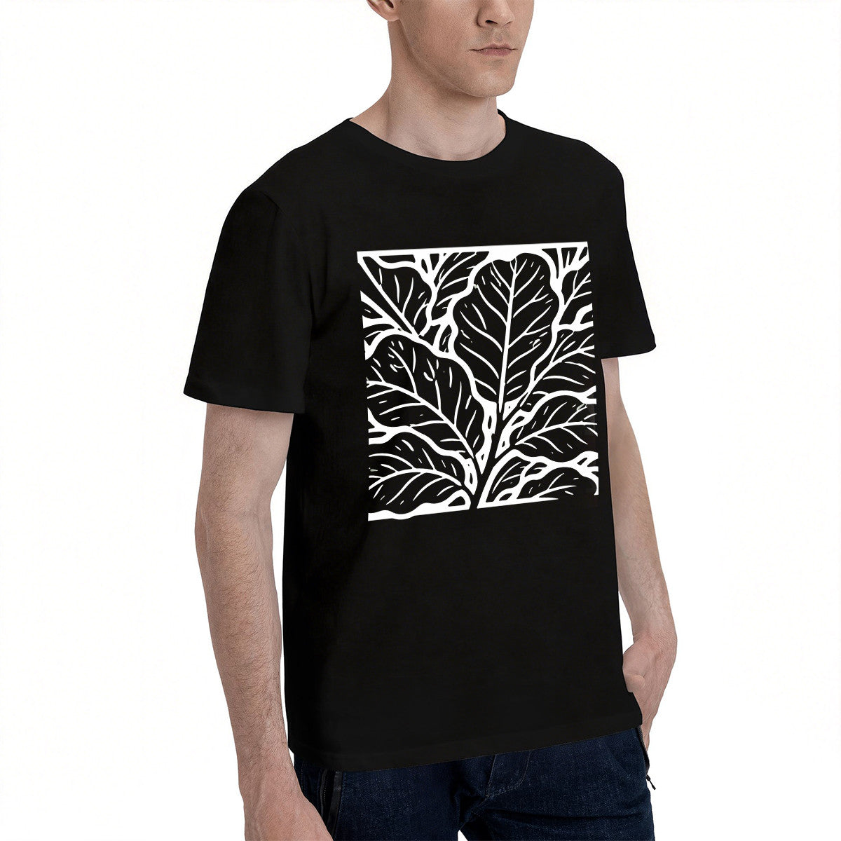 Men's Black Cotton T-Shirt with White Leaf Pattern, Casual Wear for Everyday
