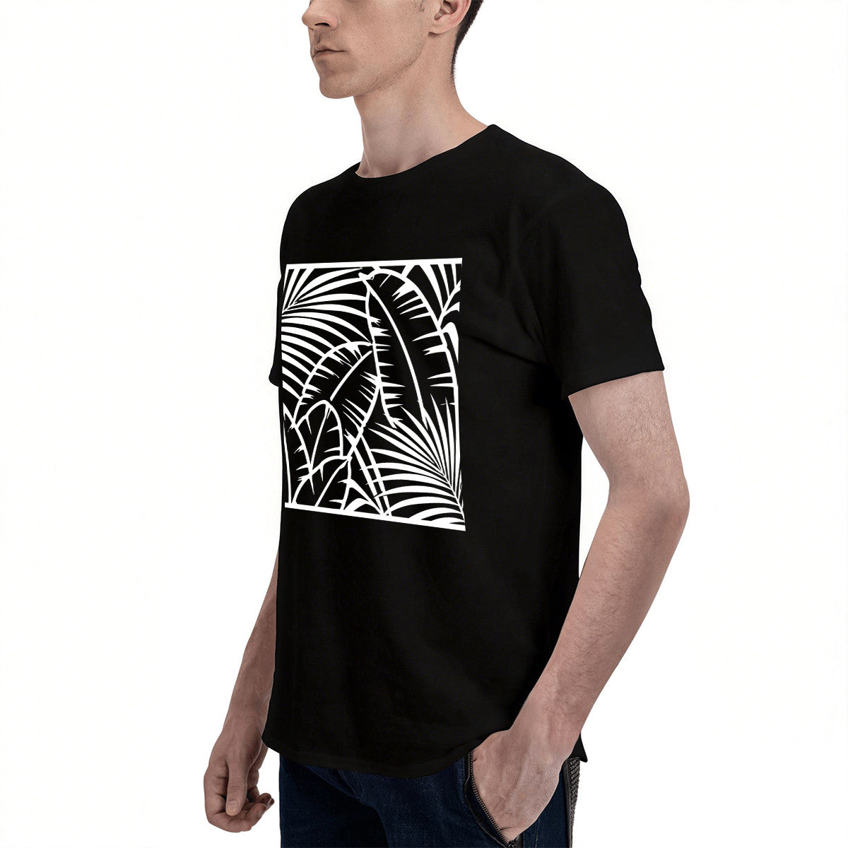Men's Black Tropical Palm Leaf Graphic T-Shirt, Soft Cotton, Casual Summer Wear or Gift