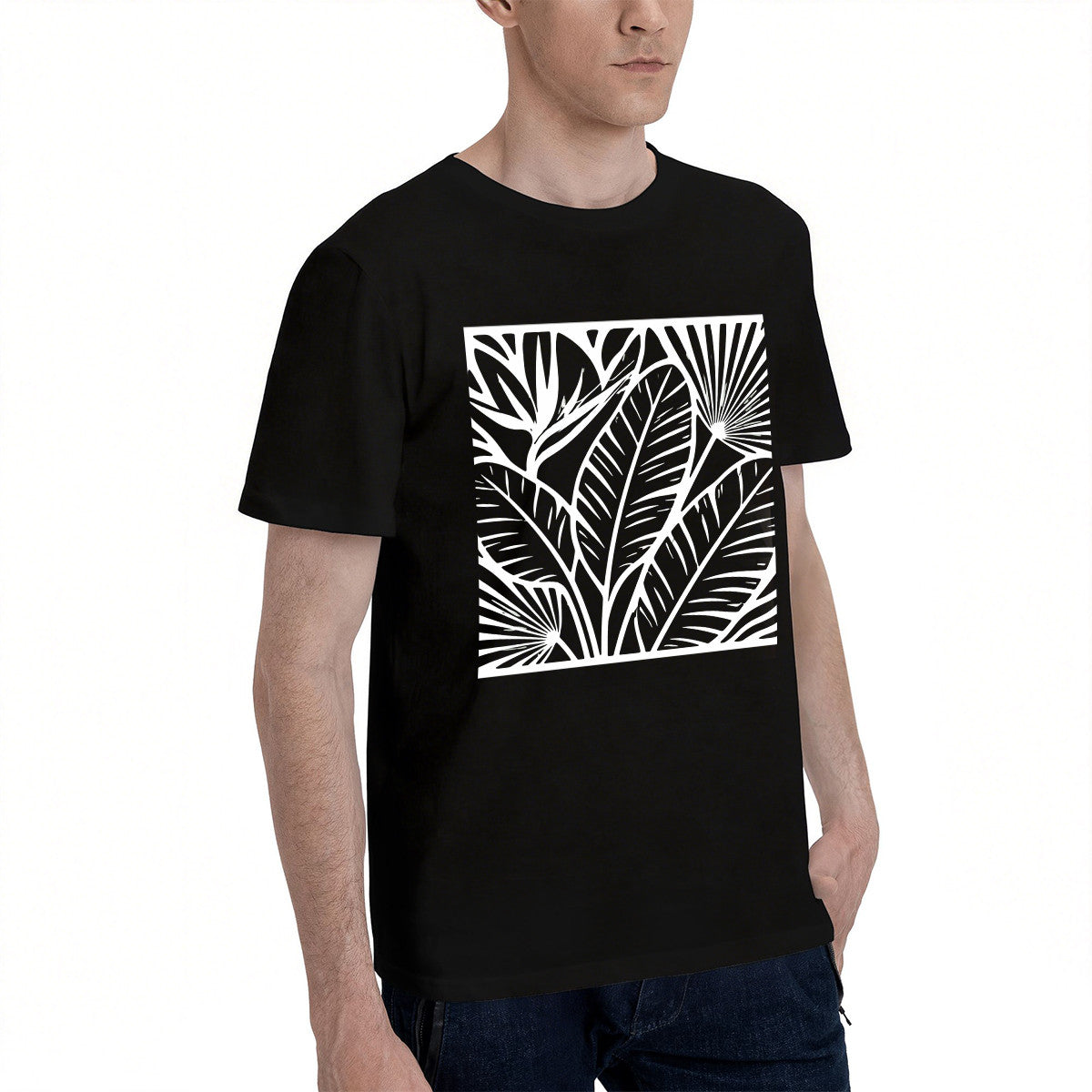 Unisex Black T-Shirt with Tropical Leaf Print, Soft Cotton, Perfect for Summer Outfits
