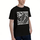 Unisex Black T-Shirt with Tropical Leaf Print, Soft Cotton, Perfect for Summer Outfits