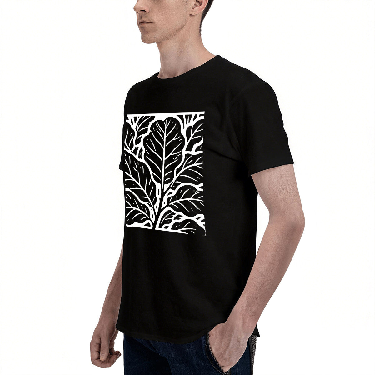 Men's Black Cotton T-Shirt with White Leaf Pattern, Casual Wear for Everyday