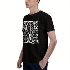 Men's Black Cotton T-Shirt with White Leaf Pattern, Casual Wear for Everyday