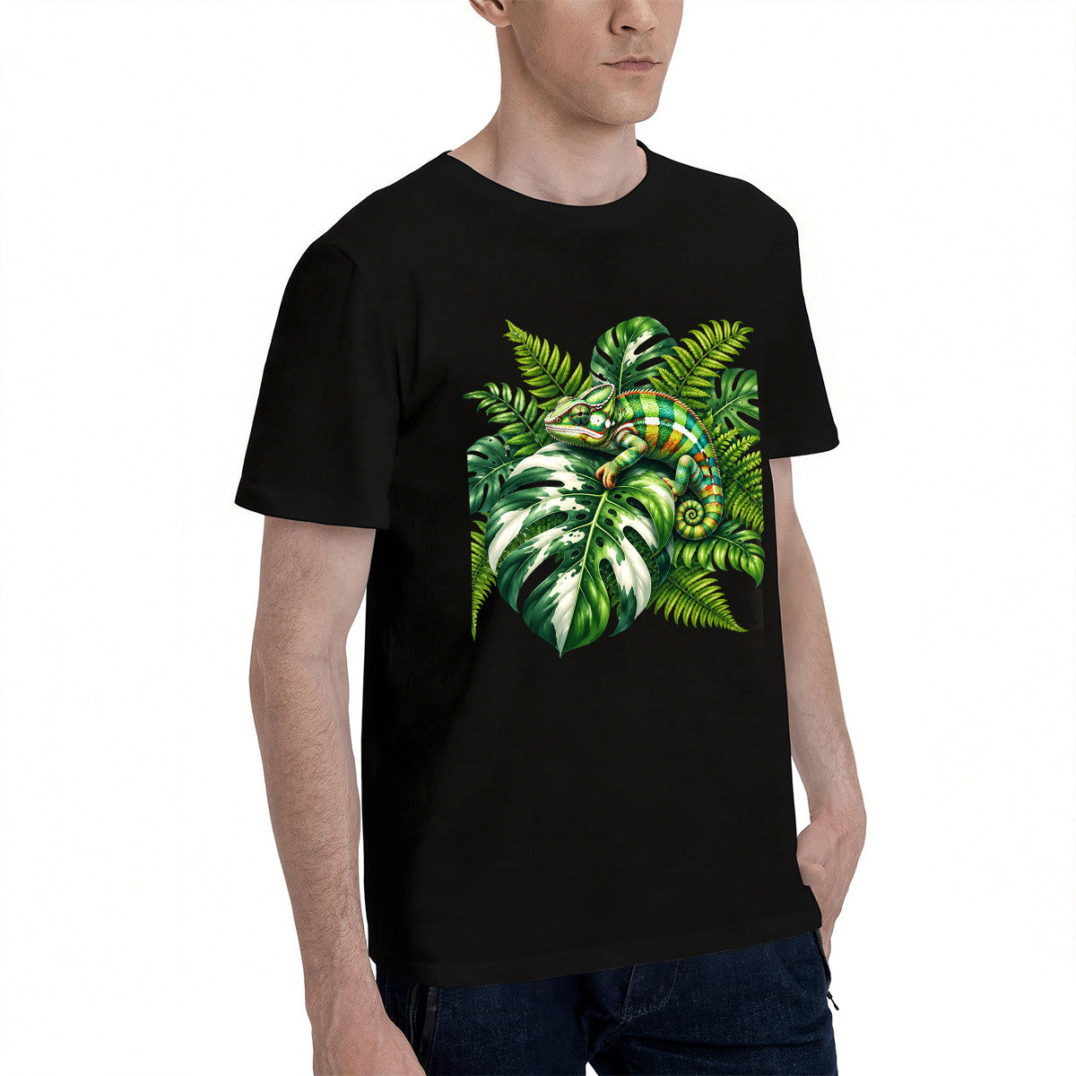 Men's Black T-Shirt with Vibrant Chameleon and Tropical Leaves Design, Soft Cotton Material, Perfect for Summer Outfits