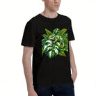 Men's Black T-Shirt with Vibrant Chameleon and Tropical Leaves Design, Soft Cotton Material, Perfect for Summer Outfits
