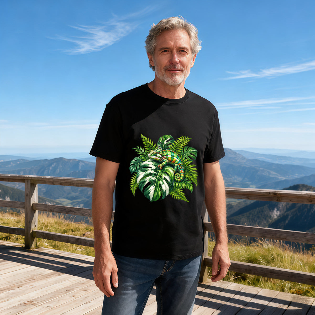 Men's Black T-Shirt with Vibrant Chameleon and Tropical Leaves Design, Soft Cotton Material, Perfect for Summer Outfits