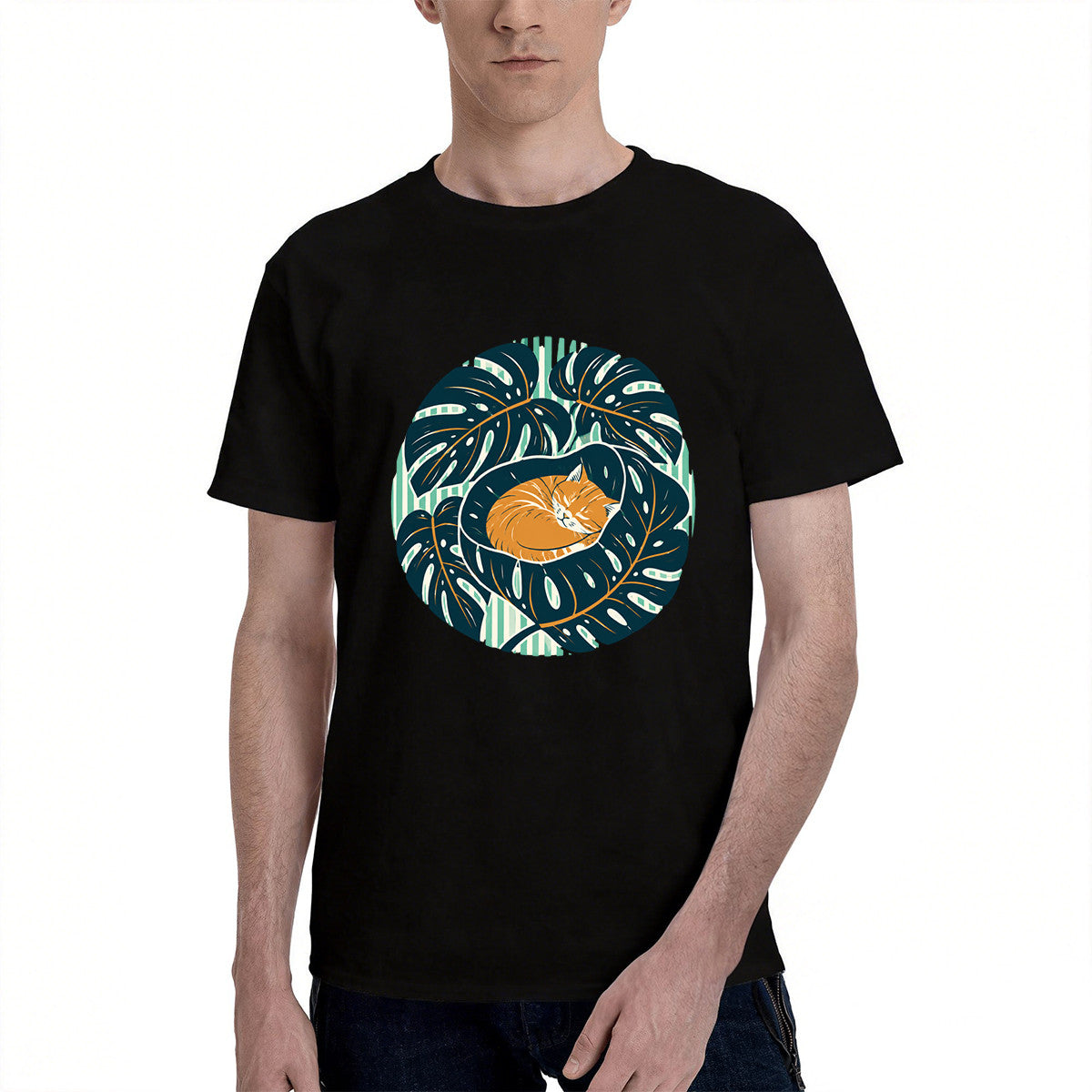 Men's Black T-Shirt with Cozy Cat in Monstera Leaf Design, Soft Cotton Material, Perfect for Casual Wear or Gift