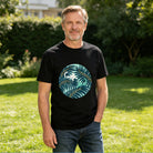 Men's Black T-Shirt with Tropical Palm Leaf and Cat Print, Soft Cotton Material, Perfect for Summer Outfits